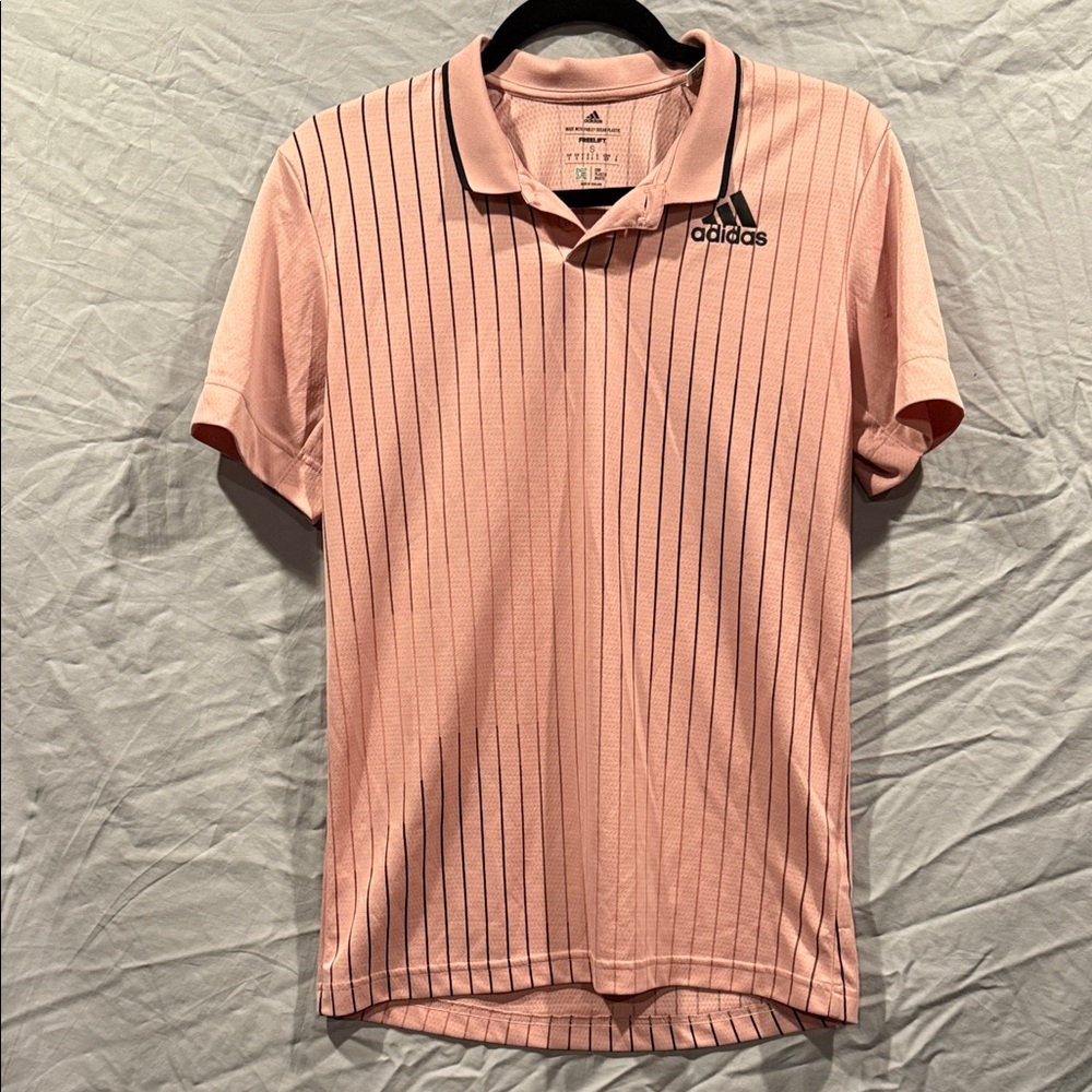 Adidas Men's Pink Polo with Black Pinstripes
